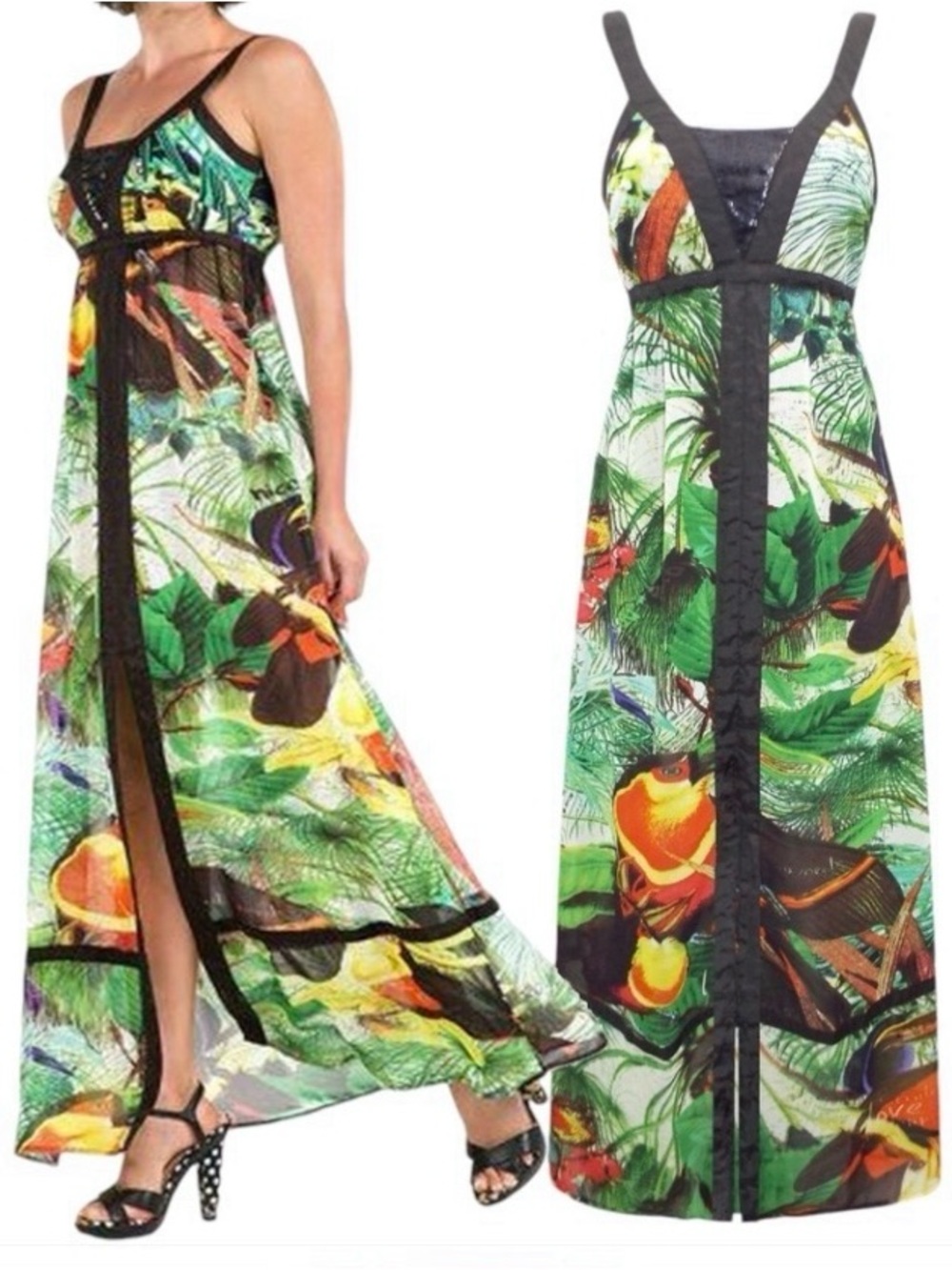 Desigual Bulgaria Vibrant Rain Forest Maxi Dress Front Slit Sequins Sleeveless 4